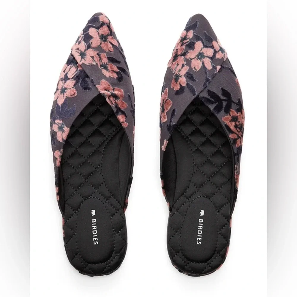 Birdies The Swan Cherry Blossom Pointed Toe Mules Size 11 Grey Velvet Floral - Picture 1 of 7
